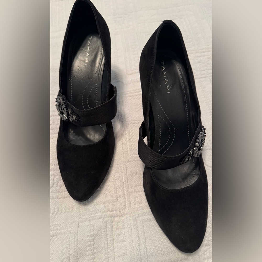 Tahari Size 8.5 Eva heels shoes w/beaded embellishments on strap. Black suede. - Picture 3 of 16